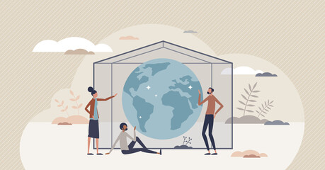 Greenhouse effect as earth gases trap in atmosphere tiny person concept. Nature climate changes and global warming from carbon dioxide emissions vector illustration. Environmental CO2 air damage.