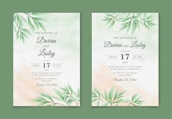 Wedding invitation and menu template with beautiful leaves with watercolor and floral decoration. Flowers illustration for save the date, greeting, poster, and cover design, flyer, Abstract Background