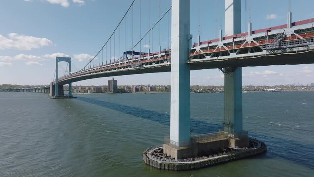 rising shot of Throgs Neck Bridge in New York