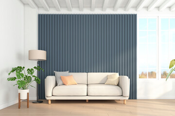 Minimalist living room with blue-gray slat wall and sofa, floor lamp. 3d rendering