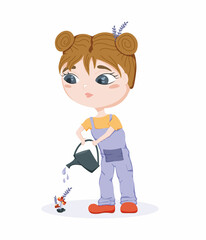 A girl is watering flowers. Children's vector isolated illustration with a cartoon girl. Chibi illustration. Art for postcards, web design, invitations, advertisements, packages.Care of houseplants.