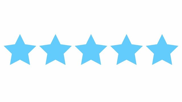 Animated five blue stars customer product rating review. Vector flat illustration isolated on the white background