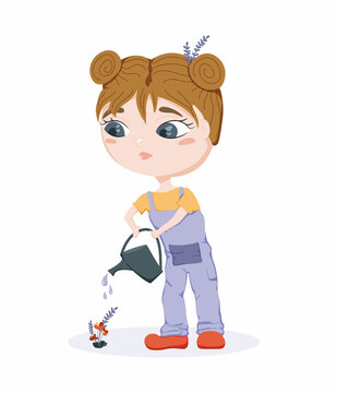 A girl is watering flowers. Children's vector isolated illustration with a cartoon girl. Chibi illustration. Art for postcards, web design, invitations, advertisements, packages.Care of houseplants.