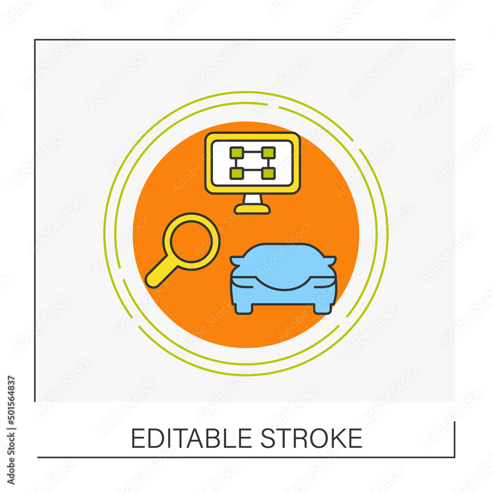 Poster inspection concept line icon. computer car checking. car service.vector isolated conception metaphor