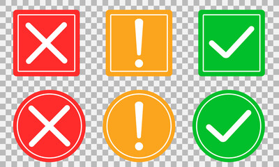 Set of flat round check mark, exclamation point, X mark icons, buttons on a isolated background.Green red yellow vector circle symbols. Red check mark icon vector.Stock vector. Vector illustration
