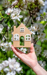 The girl holds the house symbol against the background of blossoming appletree
