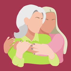 wishing woman or grandmother hugs a young woman by the shoulders, who can beat her daughter or granddaughter. Love and care. Female friendship