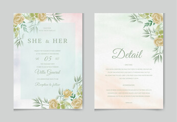 Obraz premium Romantic set of watercolor wedding invitation card template with floral leaves and flowers. illustration for save the date, greeting, poster, and cover design Abstract Background.
