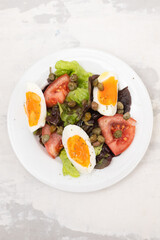 fresh vegetable salad with boiled egg on white dish