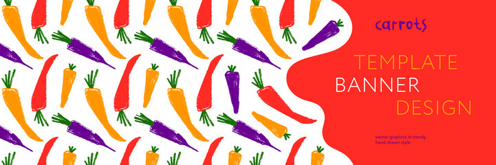 Vegetarian cooking banner with vector carrot pattern seamless. Textured hand-drawn carrots background. Healthy eating concept. Vegetable drawings for organic food label, natural juice packaging.