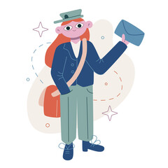 Vector flat illustration isolated on white. The postman stands with a letter in his hand. Express delivery. 