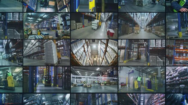 Multiscreen video work in a large warehouse. industry opener. Modern warehouse in a factory. Warehouse at the factory multiscreen video. Modern warehouse collage.