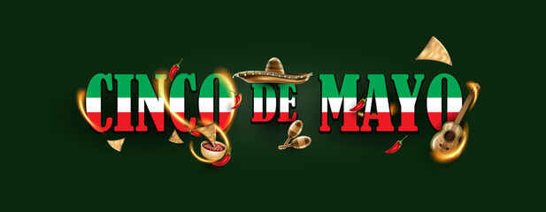 Cinco de Mayo mexican holiday. Sombrero hat, Maracas and Tacos and festive food with colors of Mexico flag. vector illustration.