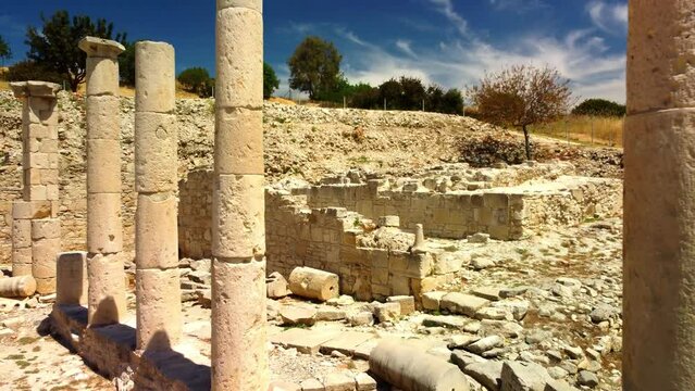 Historical place on the Mediterranean coast in the city of Limassol in Cyprus. Ruins of Amathus. Aerial view.
