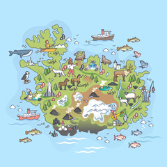 Obraz premium Iceland country borders map with typical icelandic elements outline map. Detailed topography items with animals, volcano, architecture and popular places on island vector illustration. Nature relief.