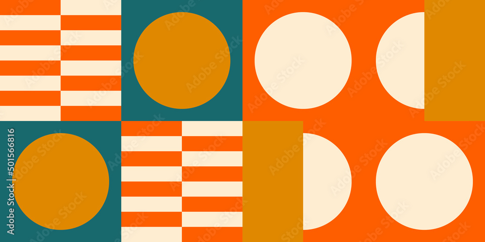 Aufkleber Modern vector abstract  geometric background with circles, rectangles and squares  in retro scandinavian style. Pastel colored simple shapes graphic pattern. Abstract mosaic artwork.