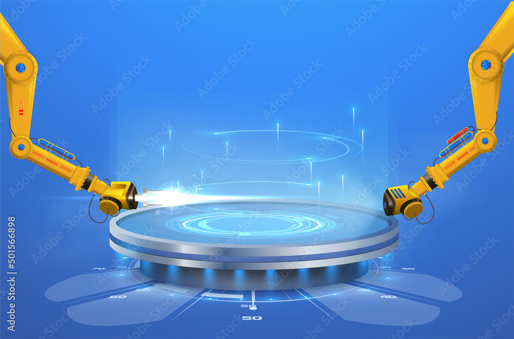 Poster the techno stage of the pedestal has robotic arms and a futuristic glowing podium. an empty stand fo