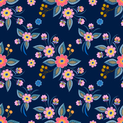Fototapeta na wymiar Flower design on dark blue color background seamless pattern.