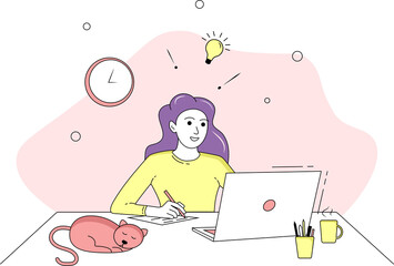 The girl is studying, working at her laptop. Online learning, remote work. The cat sleeps on the table. Landing, website, print on a T-shirt. Vector.