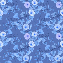 Fototapeta na wymiar Monochrome blue flowers seamless pattern.