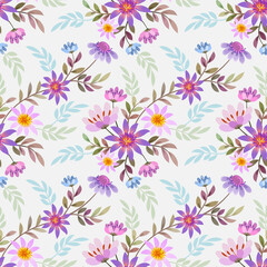Colorful flowers and leaf on yellow color background seamless pattern.