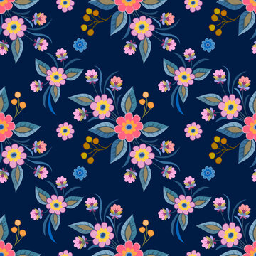 Flower design on dark blue color background seamless pattern.