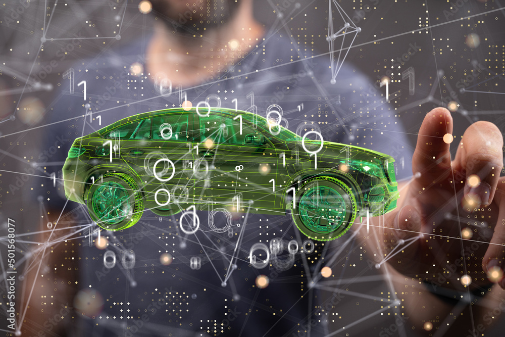 Poster Autonomous car with HUD graphic of Navigation system driving