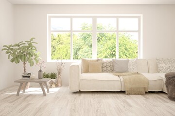 White living room with sofa and summer landscape in window. Scandinavian interior design. 3D illustration