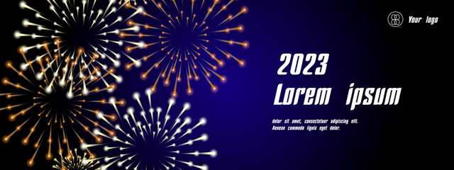 New Year 2023! New Year card, Realistic Christmas decor, Christmas trees, Bengal lights and fireworks