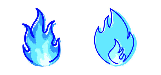 Fototapeta na wymiar Cartoon blue gas burner flame icon or symbol. Blue fire ball pictogram or logo. Vector line pattern. Fire flame light, burning flames.