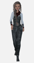 Fototapeta premium Full length portrait of Sara, a beautiful middle-aged female character with long braided gray hair walking on an isolated background. Sara is a 3D illustrated model render. 