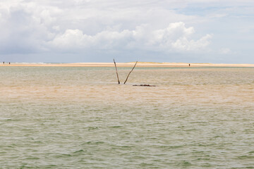 brazilian beach with dunes, vegetation, blue sea and cloudy sky