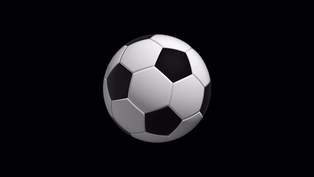 The soccer ball is spinning on a black background. 3D render.