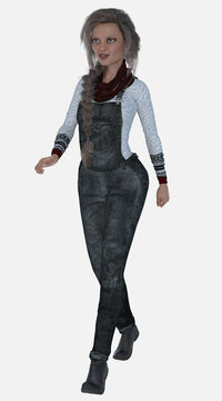 Full length portrait of Sara, a beautiful middle-aged female character with long braided gray hair walking on an isolated background. Sara is a 3D illustrated model render. 