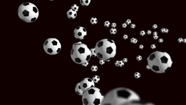 Many balls fly and circle in space. Black background. 3D render animation.