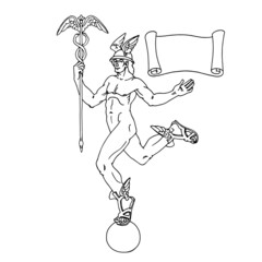 Flying Hermes with an empty scroll. The ancient Greek god of trade and luck. Vector illustration with contour lines in black ink isolated on a white background in cartoon and hand-drawn style.