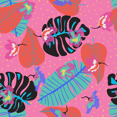 Pink Plant Miami Vector Seamless Pattern.