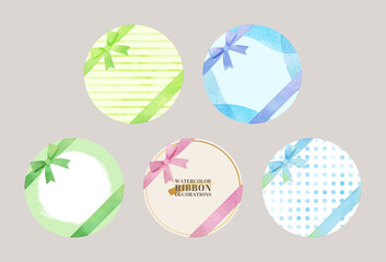 Round shaped cards with ribbon. vector watercolor illustration