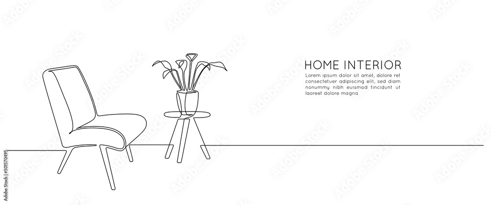 Poster continuous one line drawing of armchair and table with vase with home plant. scandinavian stylish fu