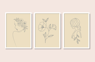 Abstract Natural Beauty Floral Woman And Flower Linear Drawing Wall Art Poster Set 