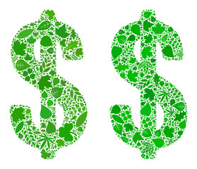 Nature dollar icon collage of herbal leaves in green and natural color tinges. Ecological environment vector concept for dollar icon. Dollar vector image is designed with green herbal parts.