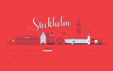 Panorama miasta Stockholm w liniowym, minimalistycznym stylu - obrazy, fototapety, plakaty