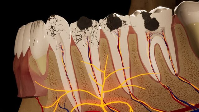Molar teeth damaged by caries. Medically accurate tooth 3D animation