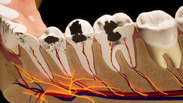 Molar teeth damaged by caries. Medically accurate tooth 3D animation