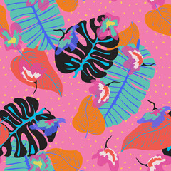 Colorful Flower Hawaiian Vector Seamless Pattern.