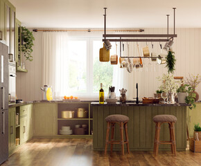 Green wooden stylish kitchen. 3D illustration