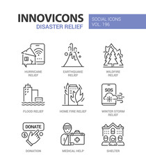 Natural disaster relief - line design style icons set