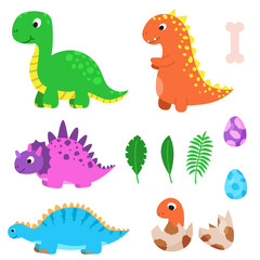 Big set of funny cartoon dinosaurs, cute illustration in flat style. 4 colorful dinos, baby, eggs and palm leaves. Colorful print for clothes, books, textile, decor. Illustration for kids, children. 