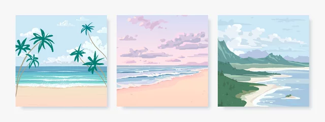 Foto auf Alu-Dibond Set of vector landscape background. Beautiful illustration of sandy summer beach. Summer holidays poster or banner design template © AM_art