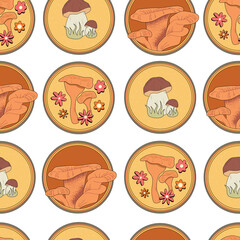 Seamless pattern of a chanterelle,porcini mushrooms. Hand-drawn on a white isolated background. Realistic edible mushroom. Modern design for wallpaper, print, paper. Cartoon mushrooms with flowers.